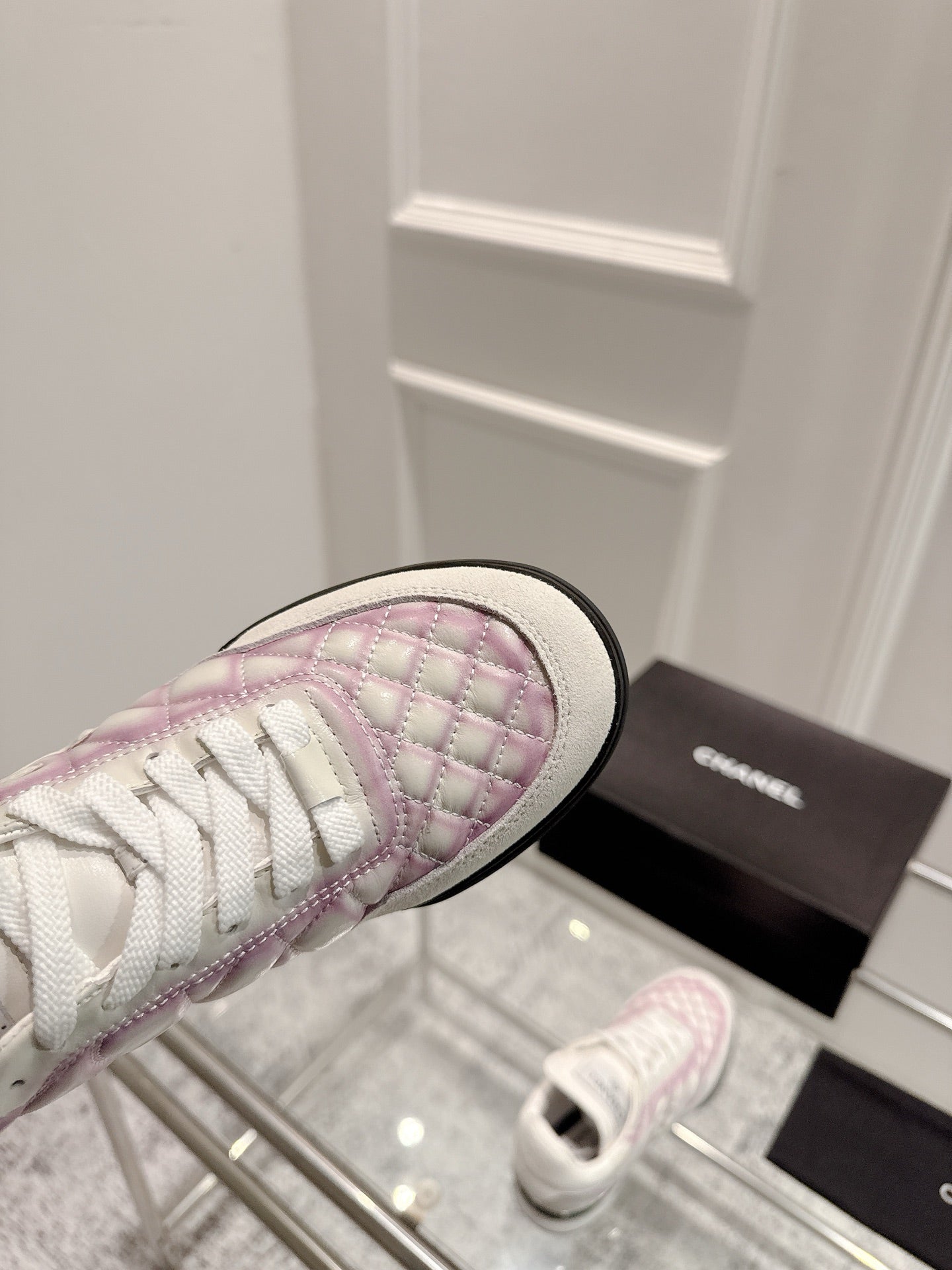 Chanel 25A Sports Shoes White Black Mix Pink Sheepskin 393113