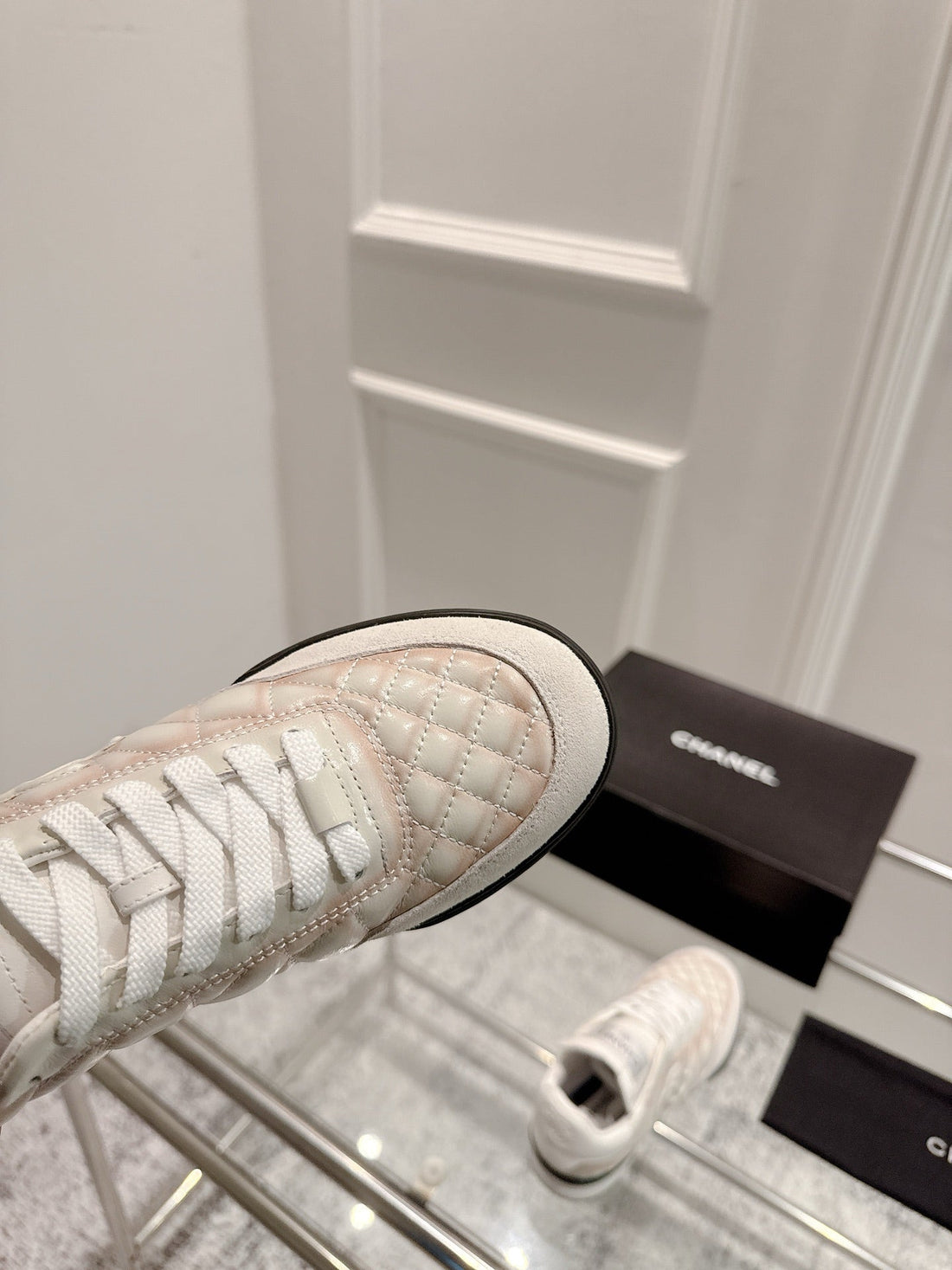 Chanel 25A Sports Shoes White Black Mix Pastel Peach 393115