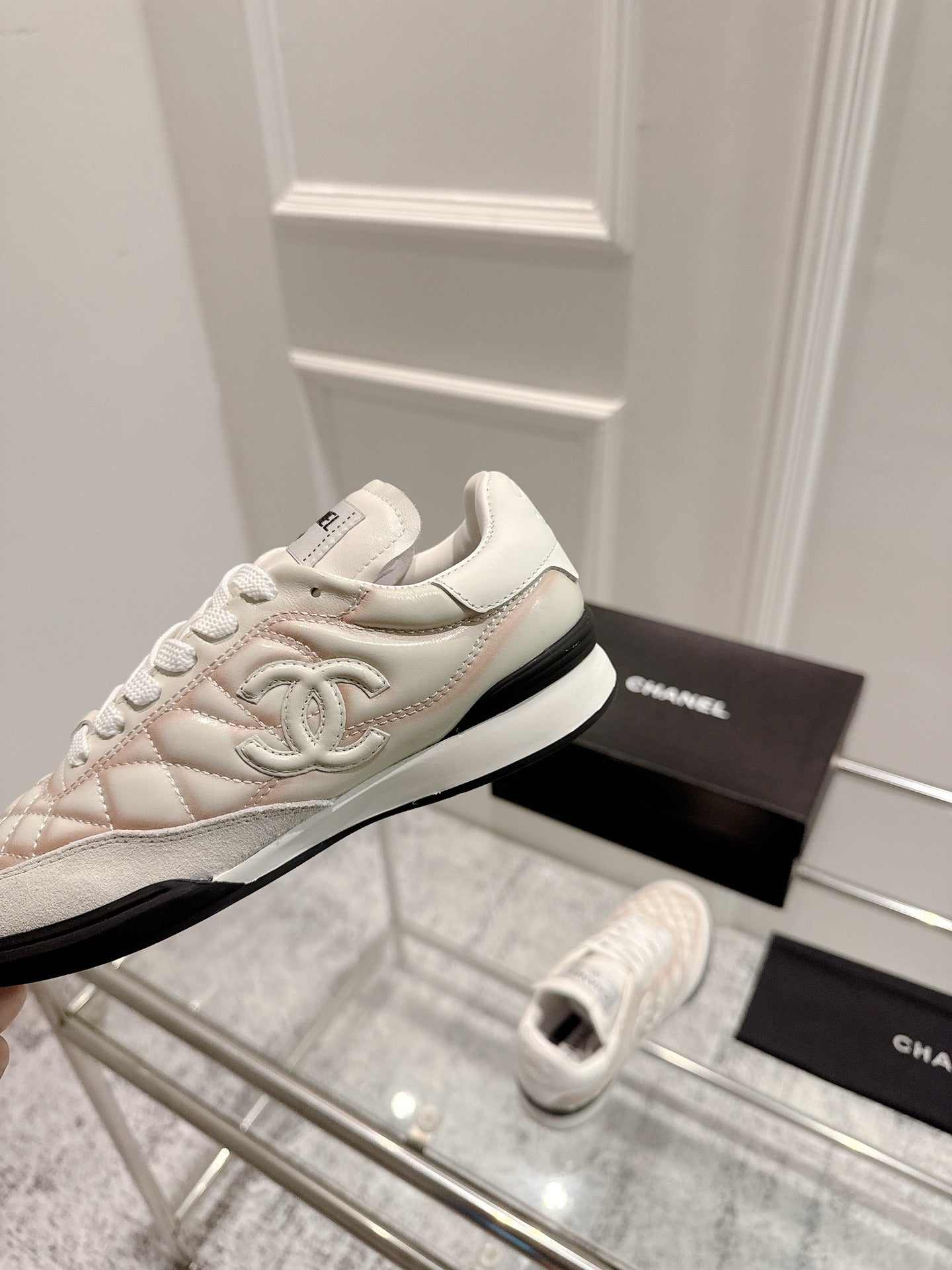 Chanel 25A Sports Shoes White Black Mix Pastel Peach 393115