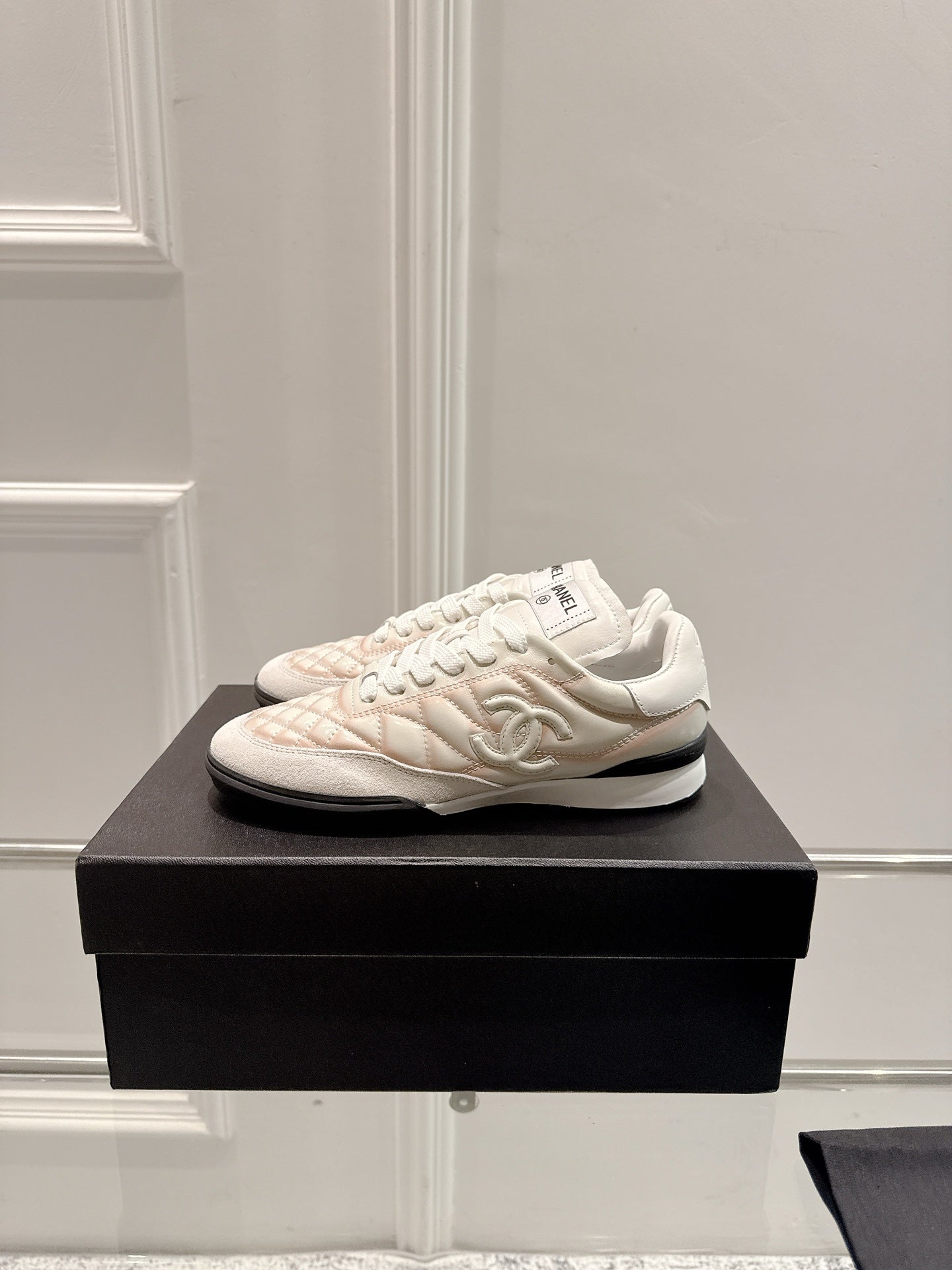 Chanel 25A Sports Shoes White Black Mix Pastel Peach 393115