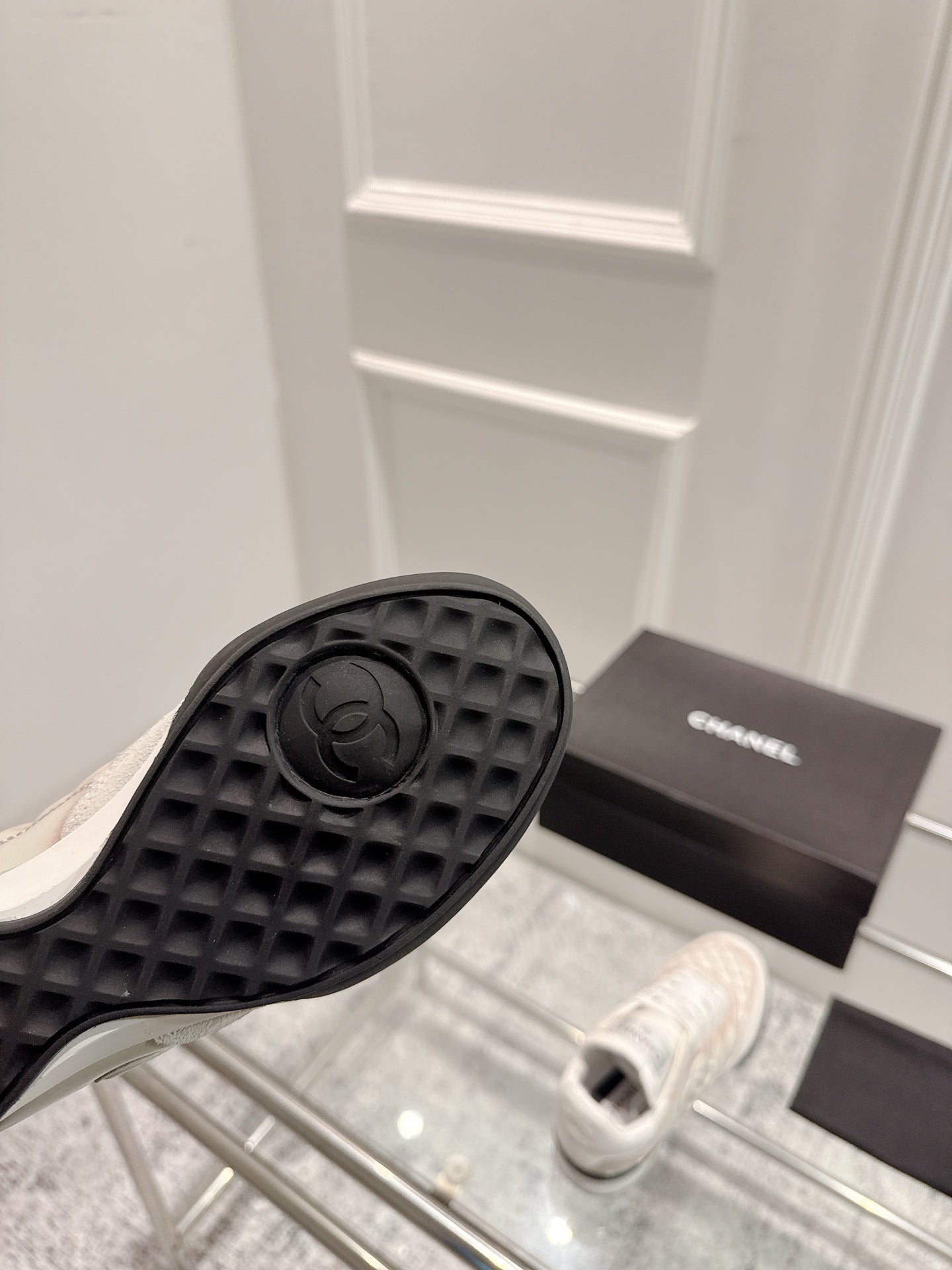 Chanel 25A Sports Shoes White Black Mix Pastel Peach 393115