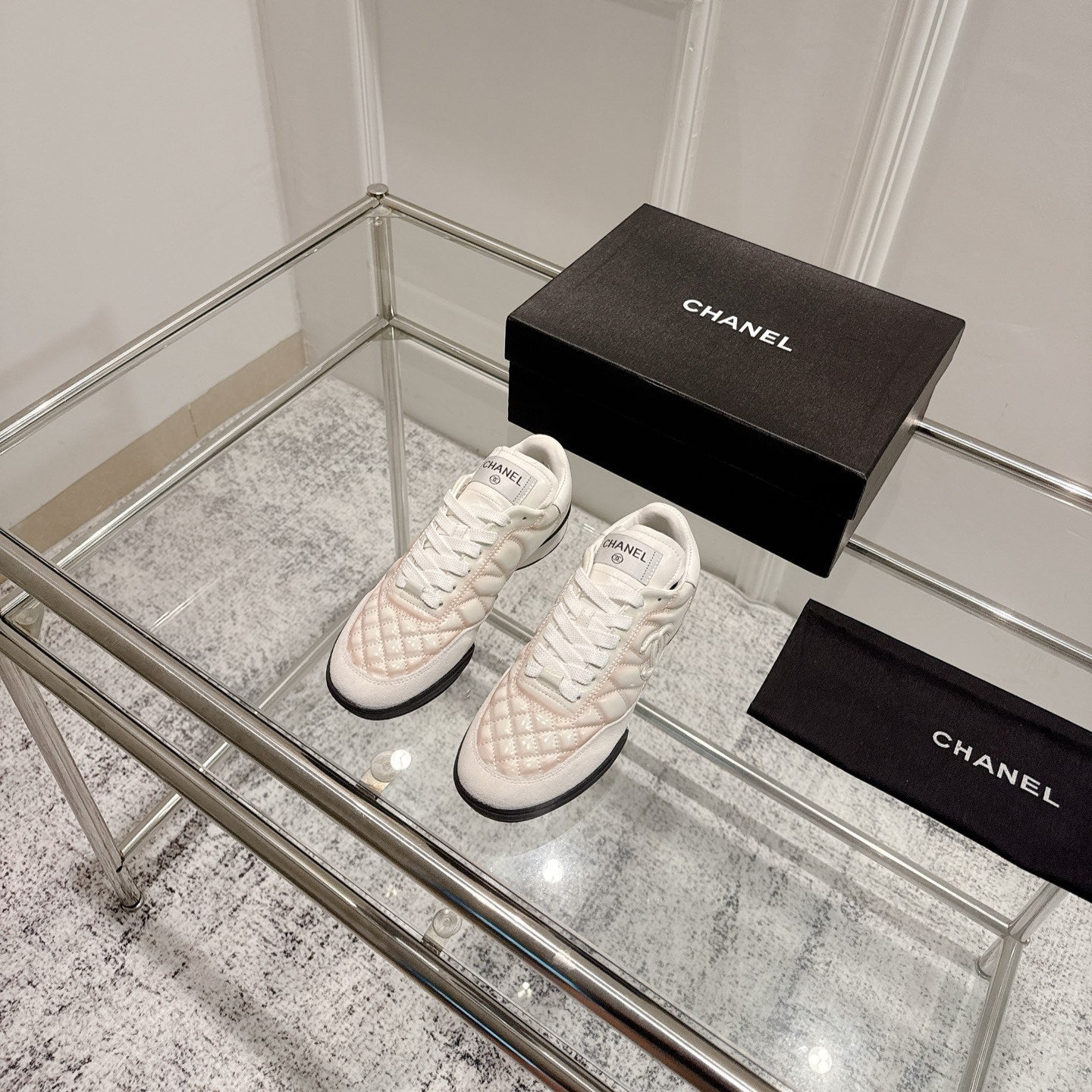 Chanel 25A Sports Shoes White Black Mix Pastel Peach 393115