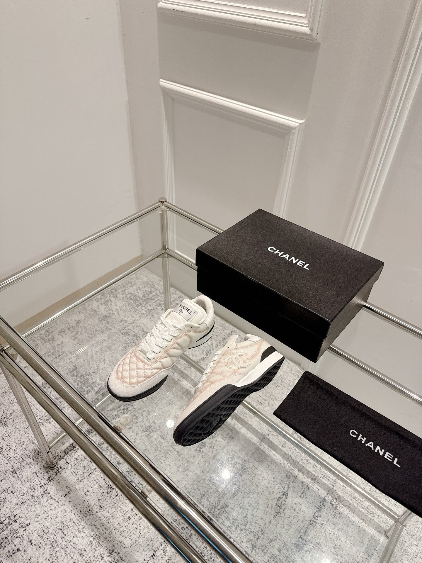 Chanel 25A Sports Shoes White Black Mix Pastel Peach 393115