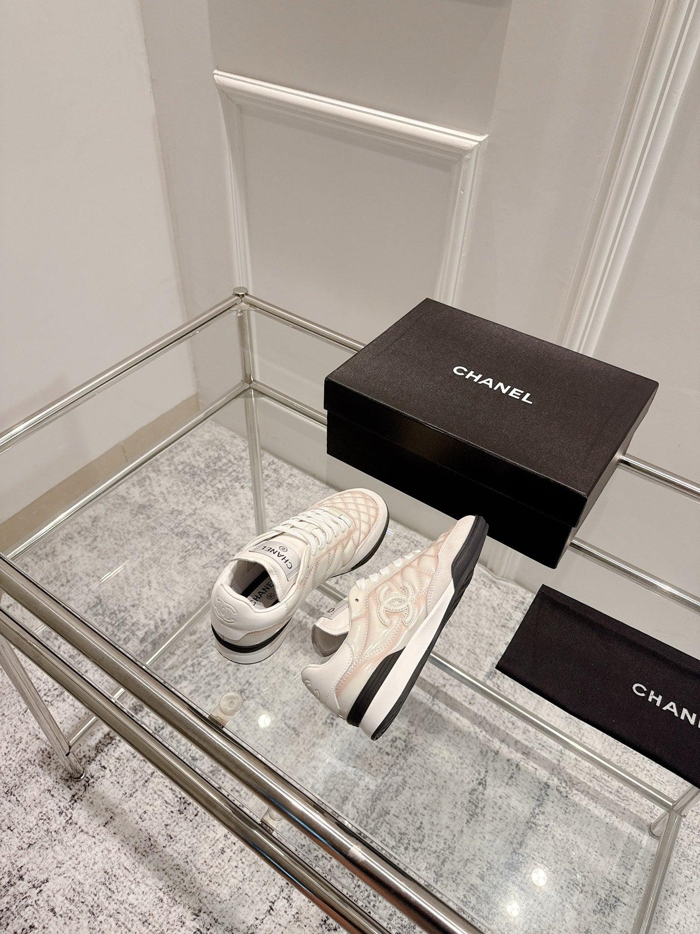 Chanel 25A Sports Shoes White Black Mix Pastel Peach 393115