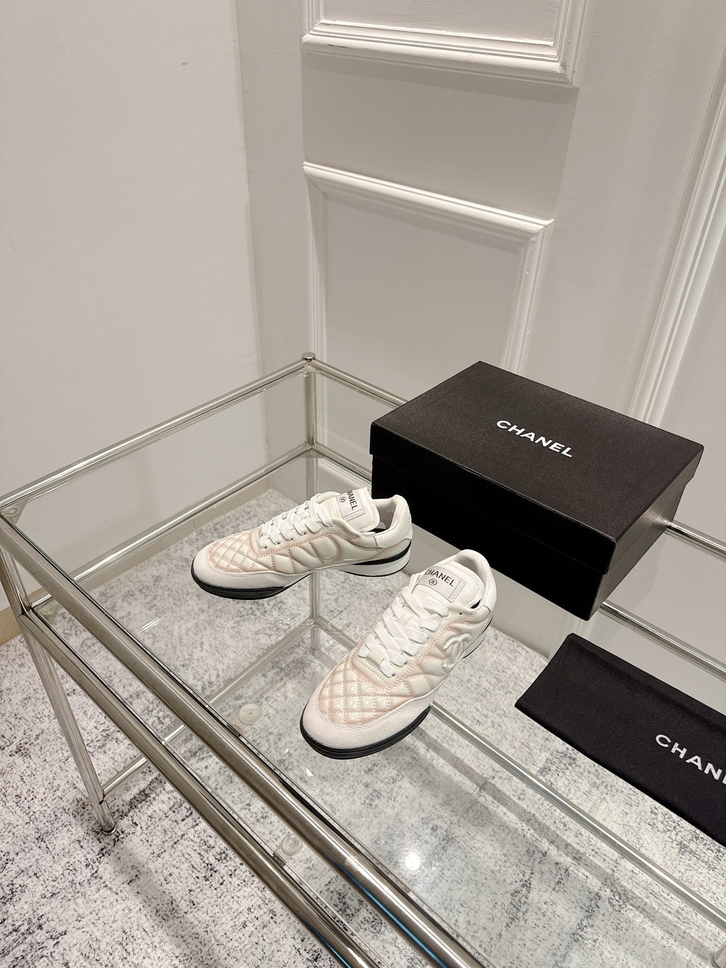 Chanel 25A Sports Shoes White Black Mix Pastel Peach 393115