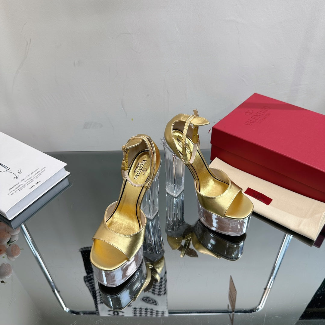HIGH SANDAL 14CM IN GOLD CALFSKIN AND TRANSPARENT PVC