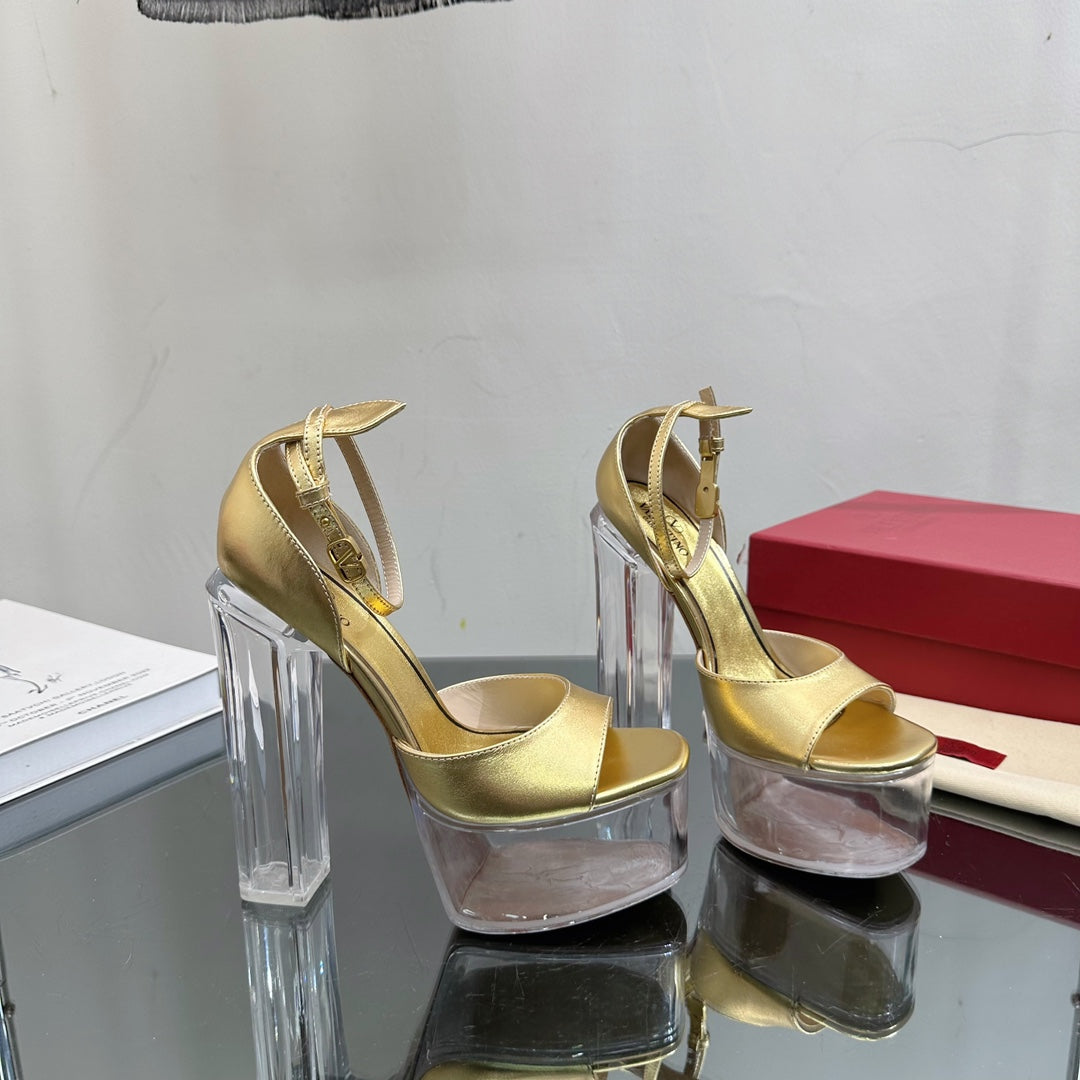 HIGH SANDAL 14CM IN GOLD CALFSKIN AND TRANSPARENT PVC