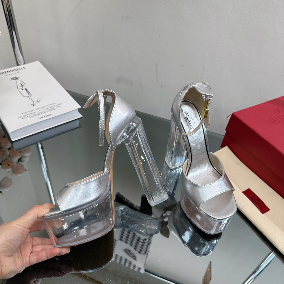 HIGH SANDAL 14CM IN SILVER CALFSKIN AND TRANSPARENT PVC