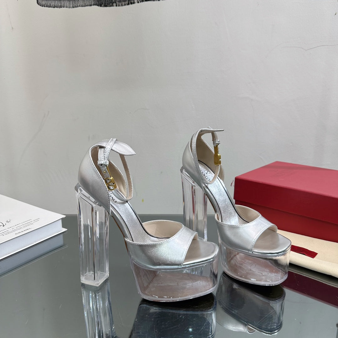 HIGH SANDAL 14CM IN SILVER CALFSKIN AND TRANSPARENT PVC