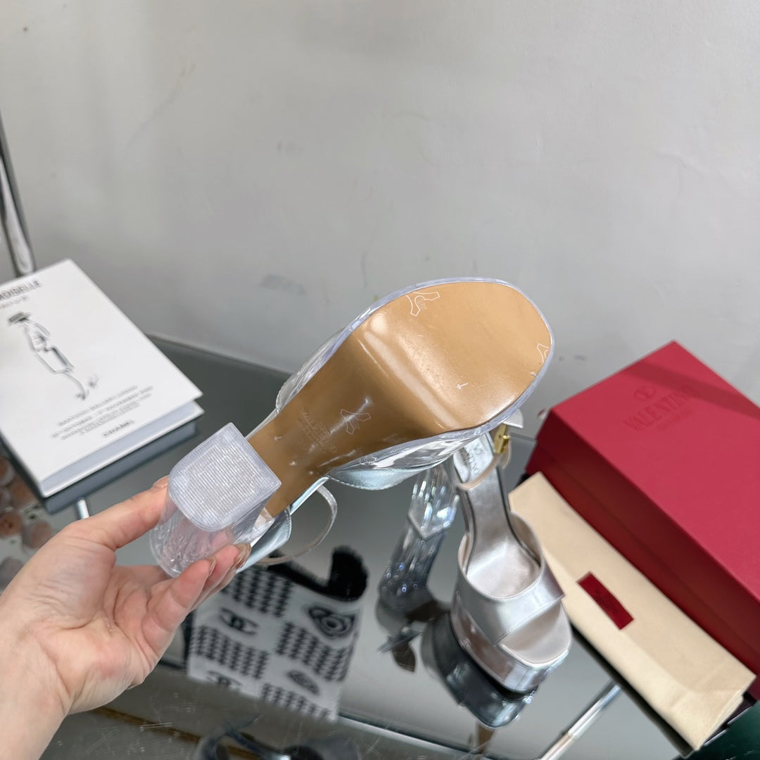 HIGH SANDAL 14CM IN SILVER CALFSKIN AND TRANSPARENT PVC