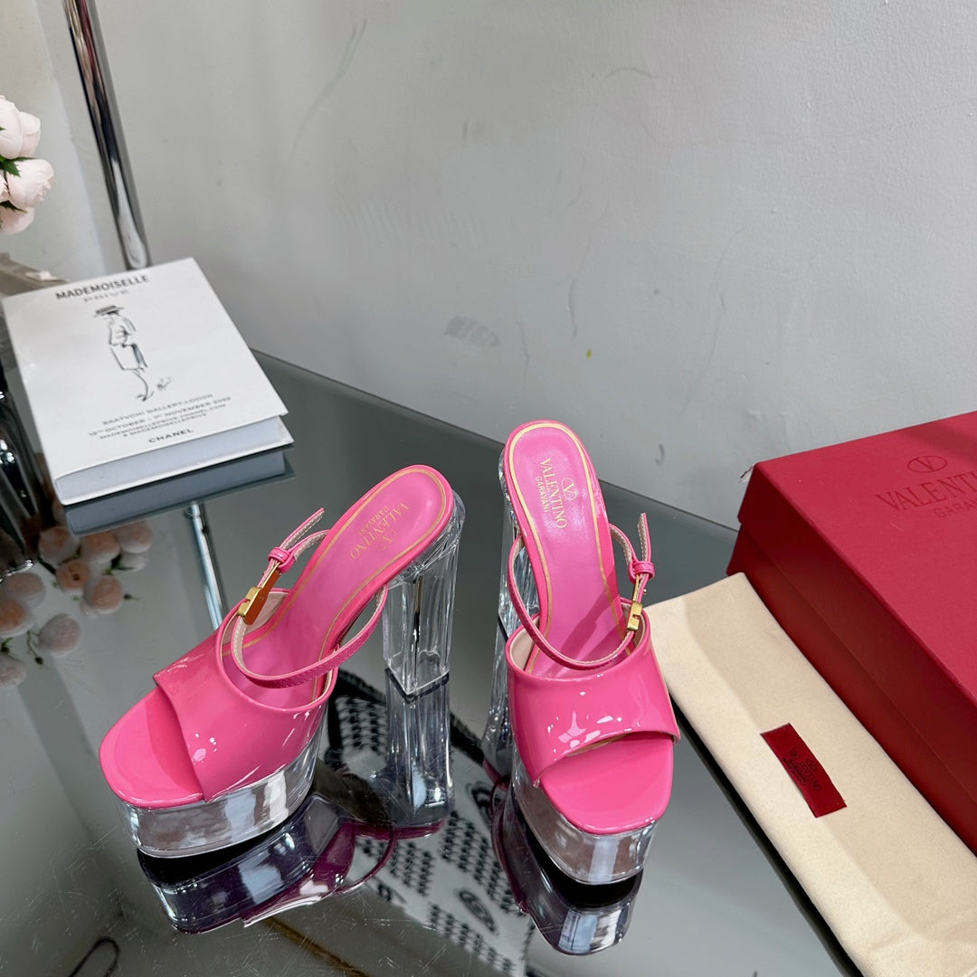 HIGH HEEL SANDAL 14CM IN BRIGHT PINK CALFSKIN AND TRANSPARENT PVC