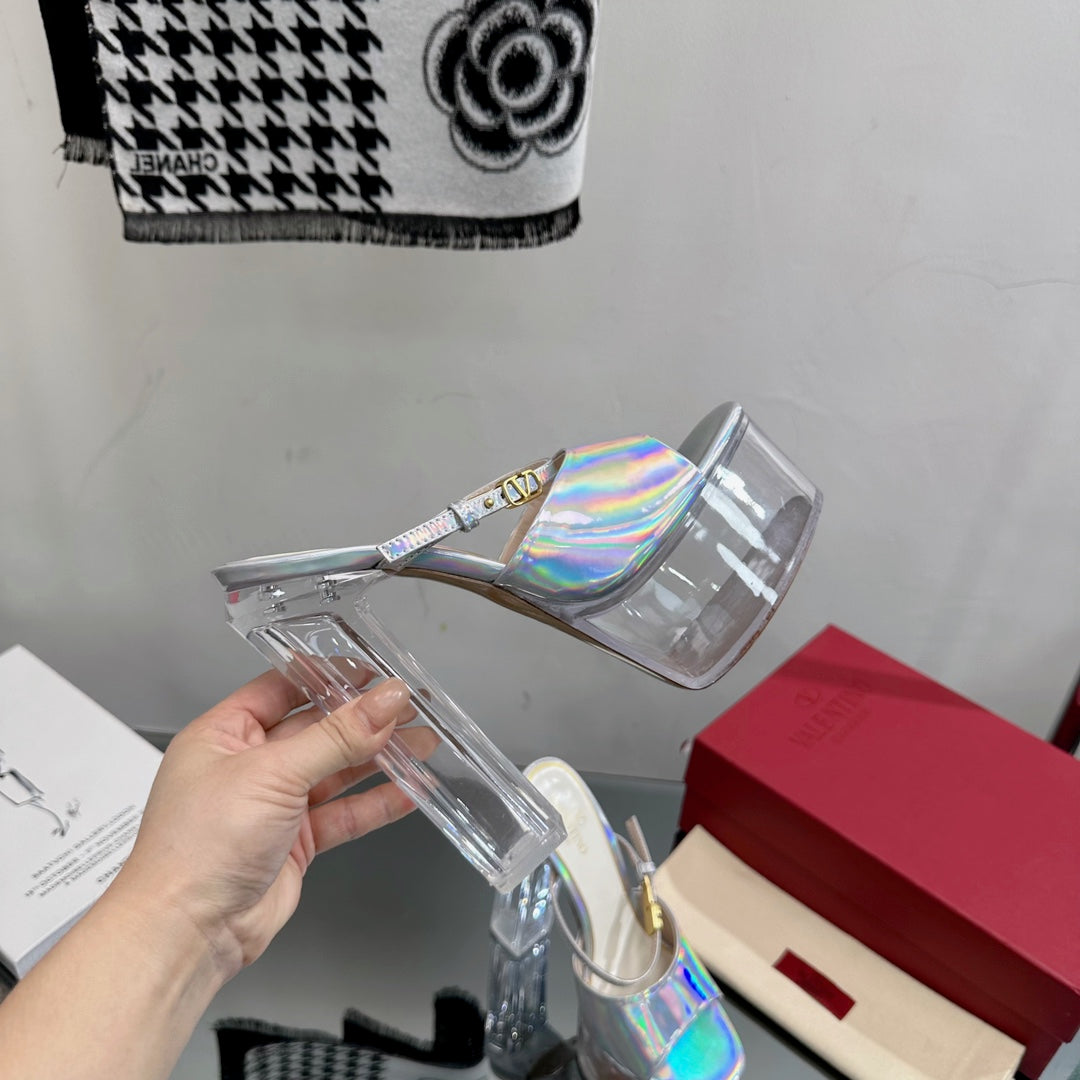 HIGH HEEL SANDAL 14CM IN SILVER CALFSKIN AND TRANSPARENT PVC