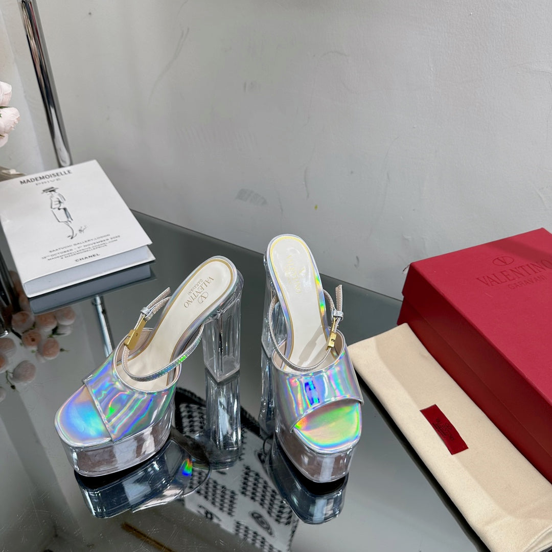 HIGH HEEL SANDAL 14CM IN SILVER CALFSKIN AND TRANSPARENT PVC