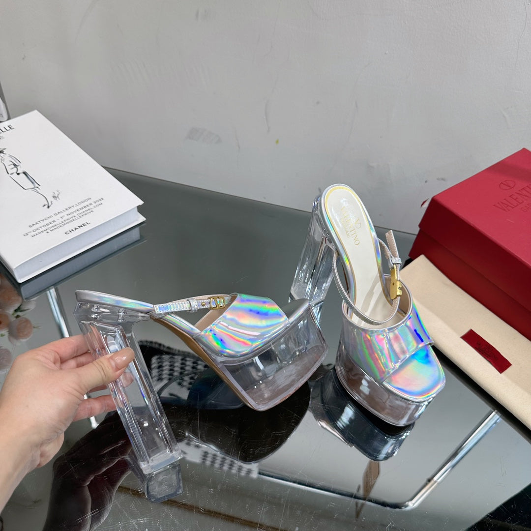 HIGH HEEL SANDAL 14CM IN SILVER CALFSKIN AND TRANSPARENT PVC