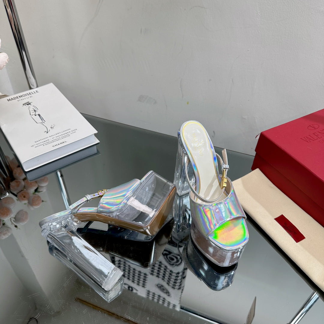 HIGH HEEL SANDAL 14CM IN SILVER CALFSKIN AND TRANSPARENT PVC