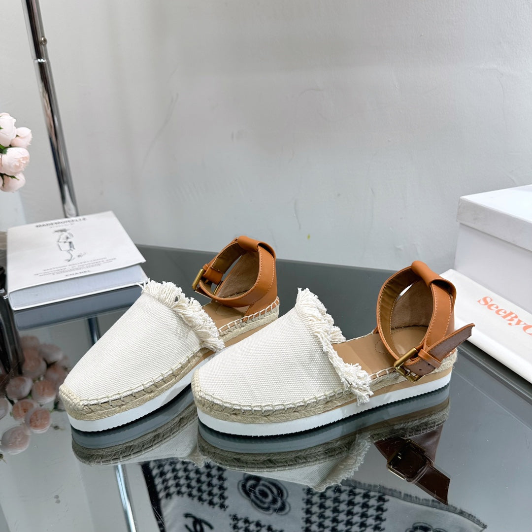SEE BY CHLOÃ‰ ESPADRILLES SANDAL IN WHITE FABRIC AND BRONZE BROWN CALFSKIN