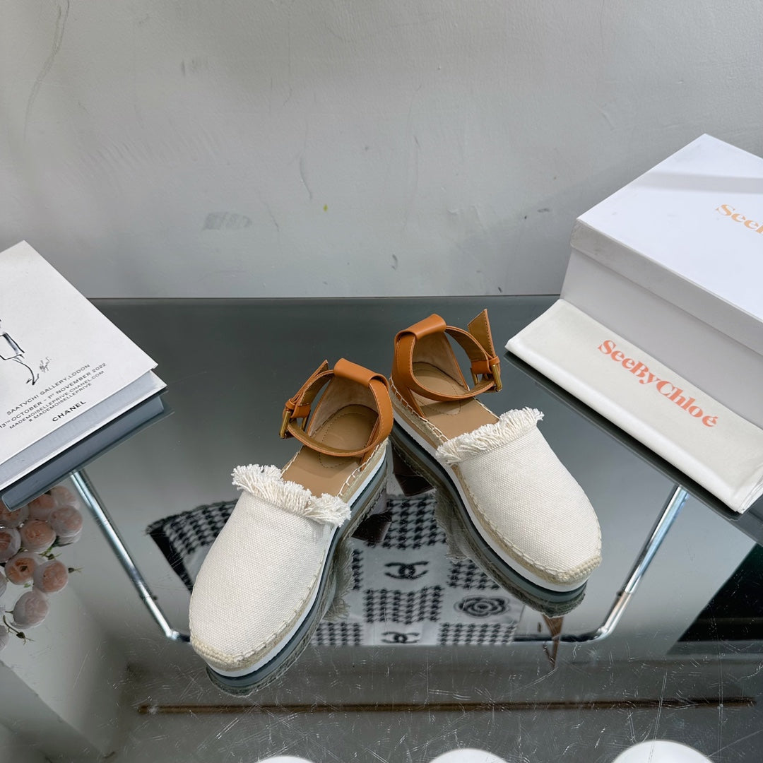 SEE BY CHLOÃ‰ ESPADRILLES SANDAL IN WHITE FABRIC AND BRONZE BROWN CALFSKIN