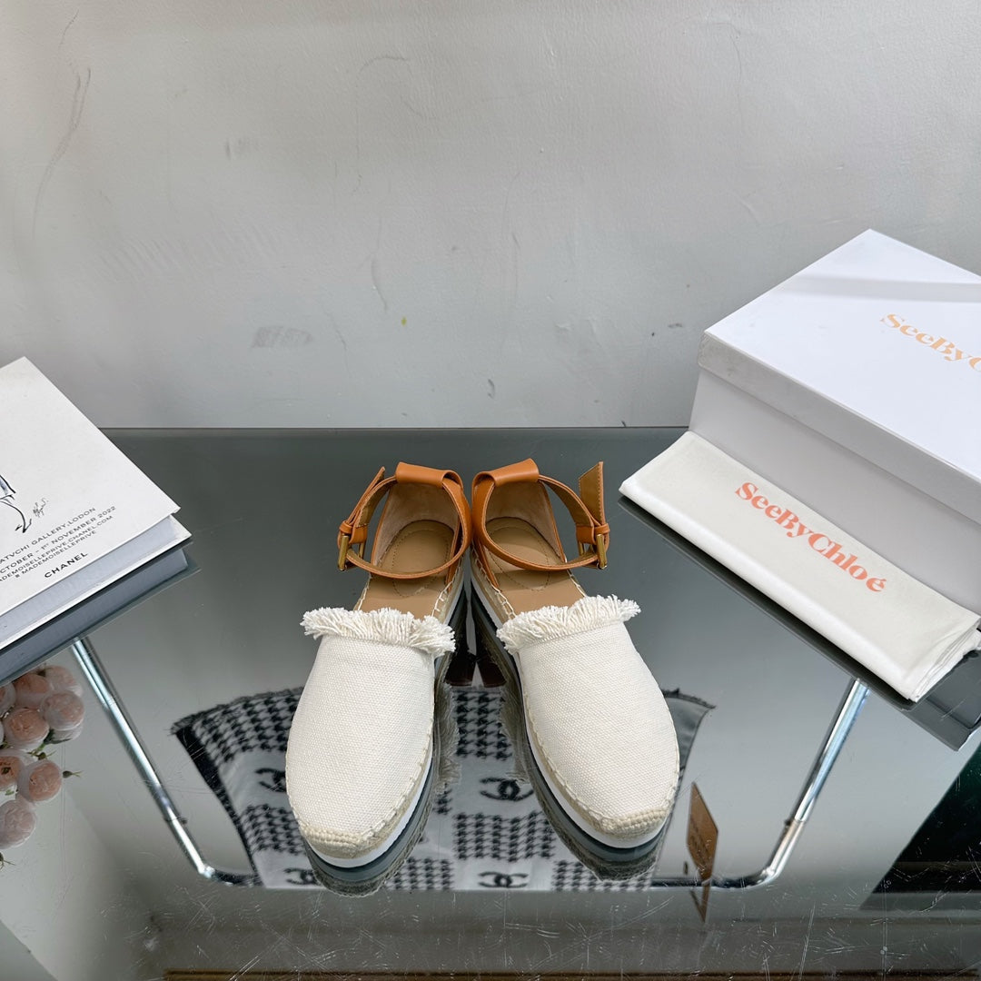 SEE BY CHLOÃ‰ ESPADRILLES SANDAL IN WHITE FABRIC AND BRONZE BROWN CALFSKIN