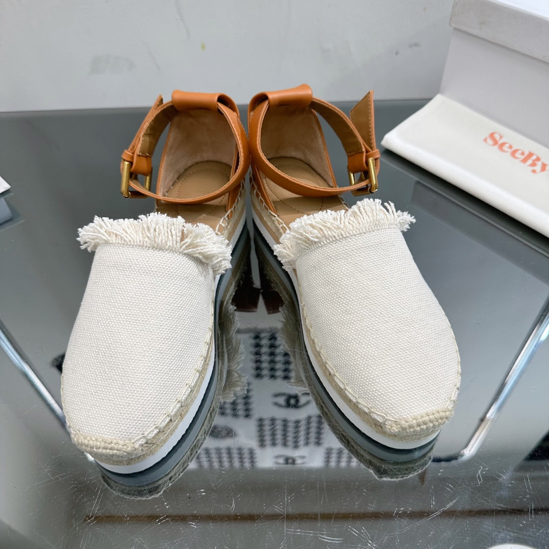 SEE BY CHLOÃ‰ ESPADRILLES SANDAL IN WHITE FABRIC AND BRONZE BROWN CALFSKIN
