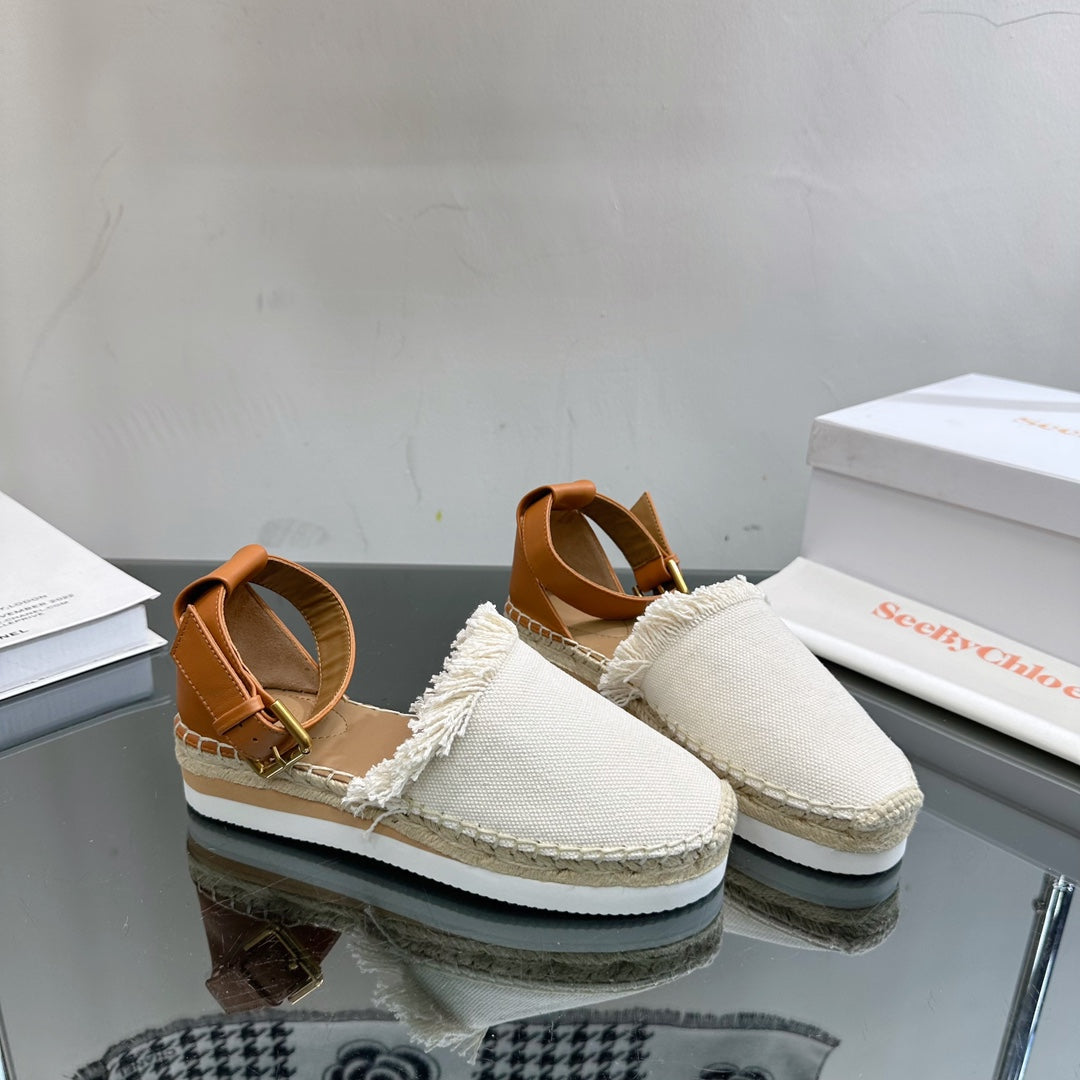 SEE BY CHLOÃ‰ ESPADRILLES SANDAL IN WHITE FABRIC AND BRONZE BROWN CALFSKIN
