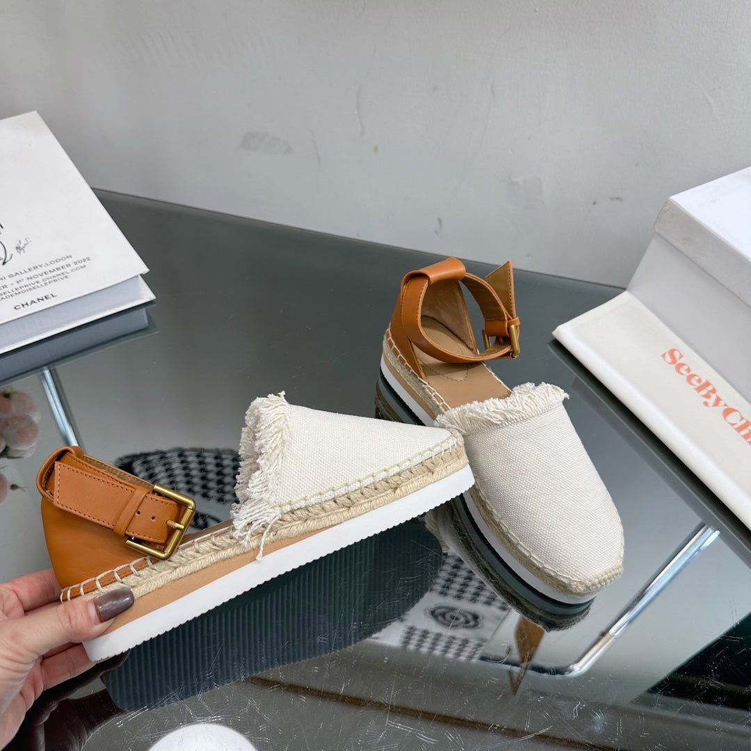SEE BY CHLOÃ‰ ESPADRILLES SANDAL IN WHITE FABRIC AND BRONZE BROWN CALFSKIN