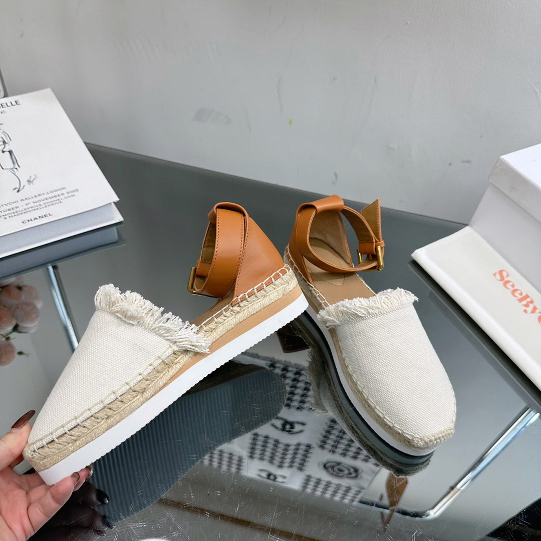 SEE BY CHLOÃ‰ ESPADRILLES SANDAL IN WHITE FABRIC AND BRONZE BROWN CALFSKIN