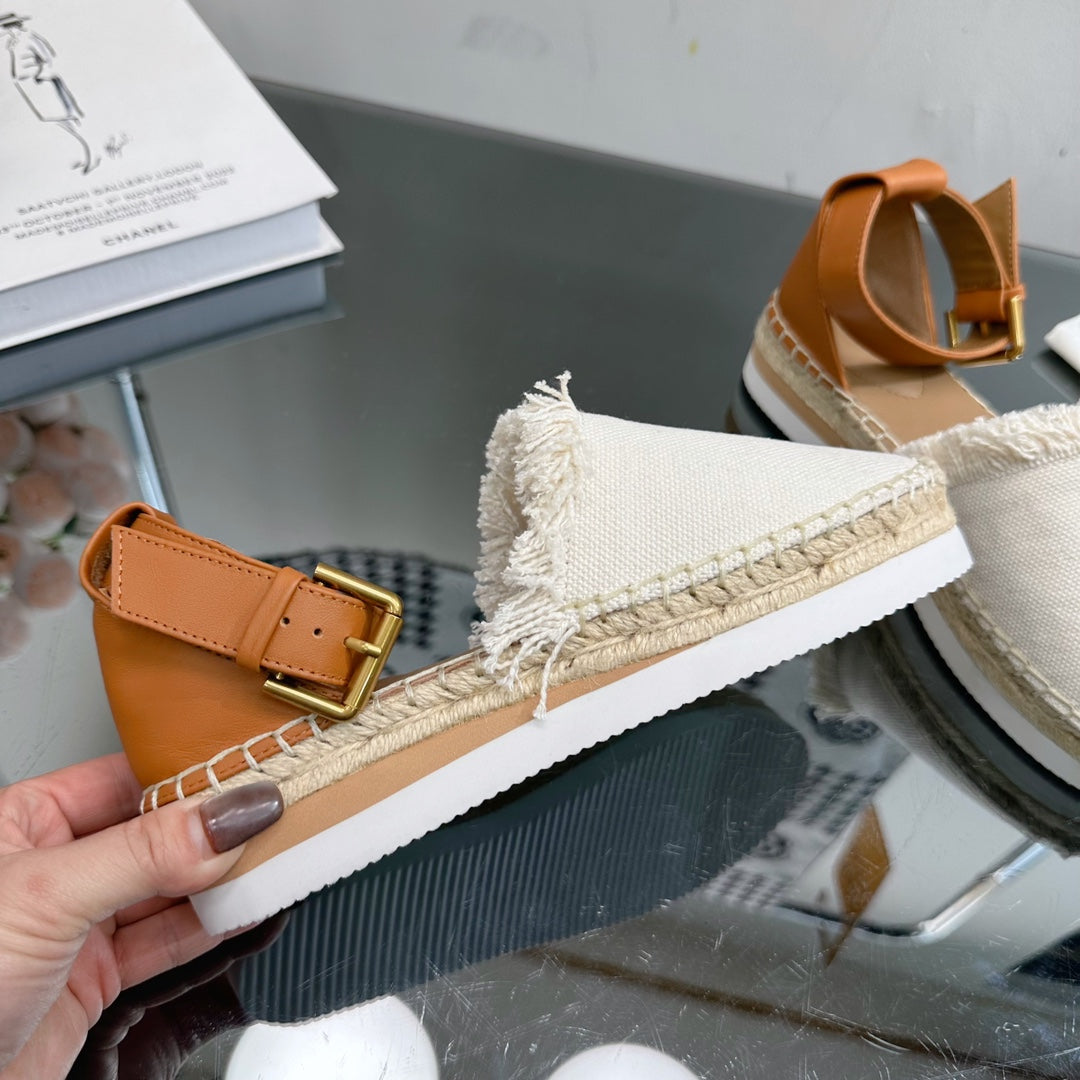 SEE BY CHLOÃ‰ ESPADRILLES SANDAL IN WHITE FABRIC AND BRONZE BROWN CALFSKIN
