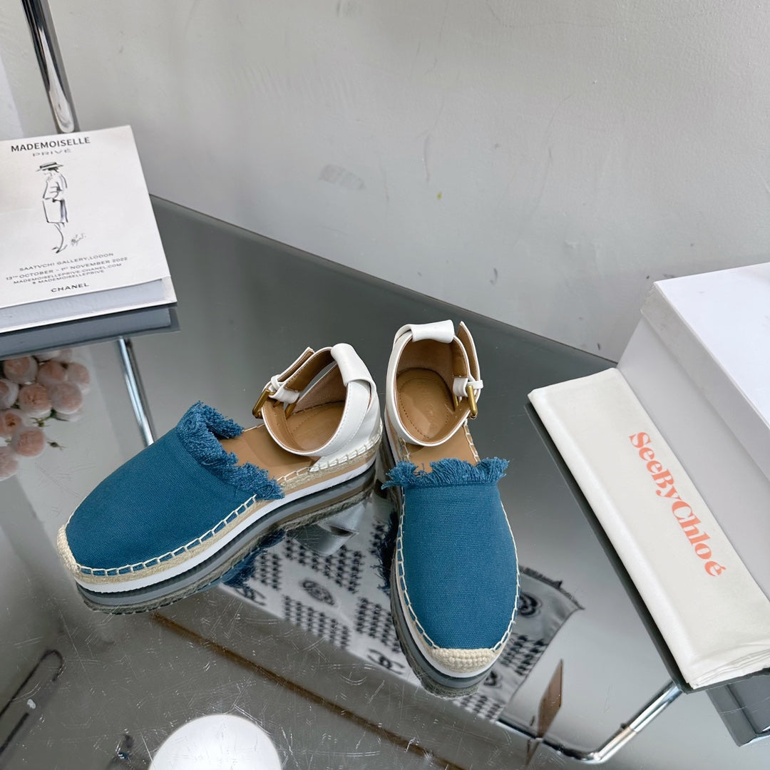 SEE BY CHLOÃ‰ ESPADRILLES SANDAL IN CERULEAN BLUE FABRIC AND WHITE CALFSKIN