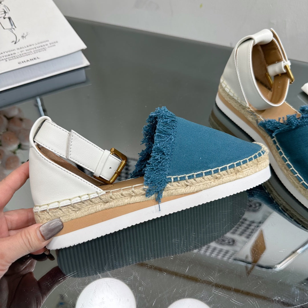 SEE BY CHLOÃ‰ ESPADRILLES SANDAL IN CERULEAN BLUE FABRIC AND WHITE CALFSKIN