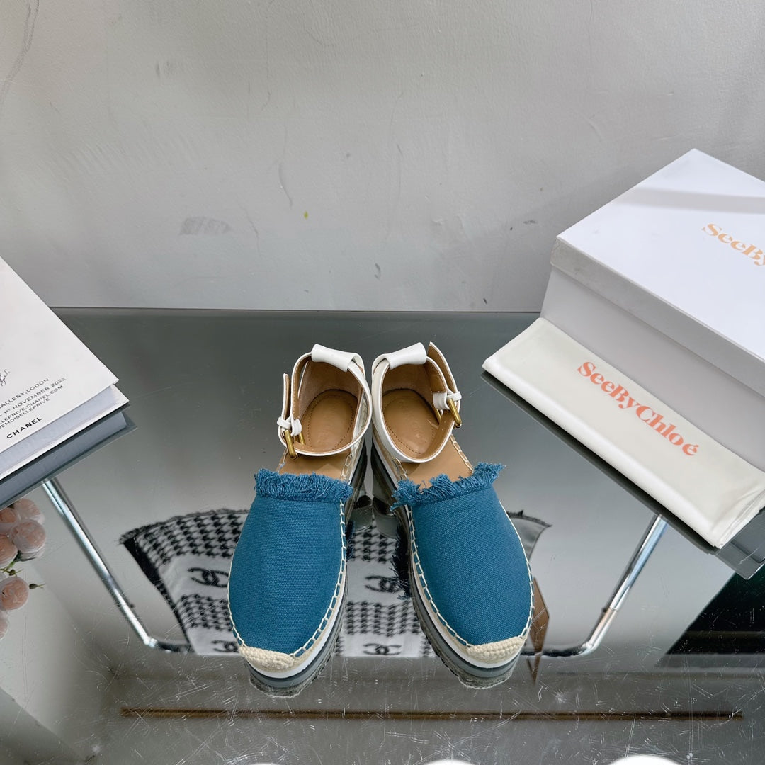 SEE BY CHLOÃ‰ ESPADRILLES SANDAL IN CERULEAN BLUE FABRIC AND WHITE CALFSKIN