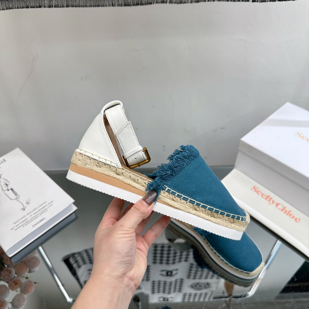SEE BY CHLOÃ‰ ESPADRILLES SANDAL IN CERULEAN BLUE FABRIC AND WHITE CALFSKIN