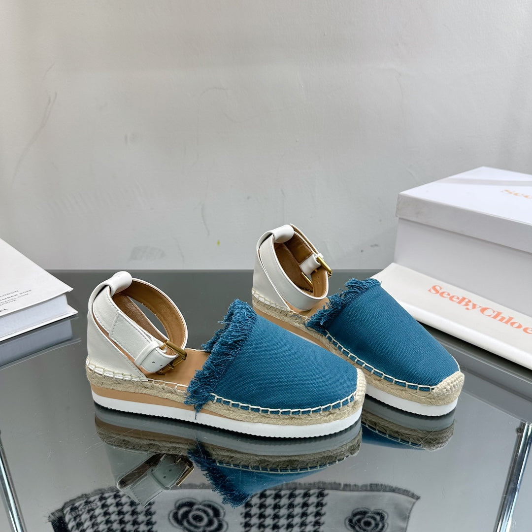 SEE BY CHLOÃ‰ ESPADRILLES SANDAL IN CERULEAN BLUE FABRIC AND WHITE CALFSKIN