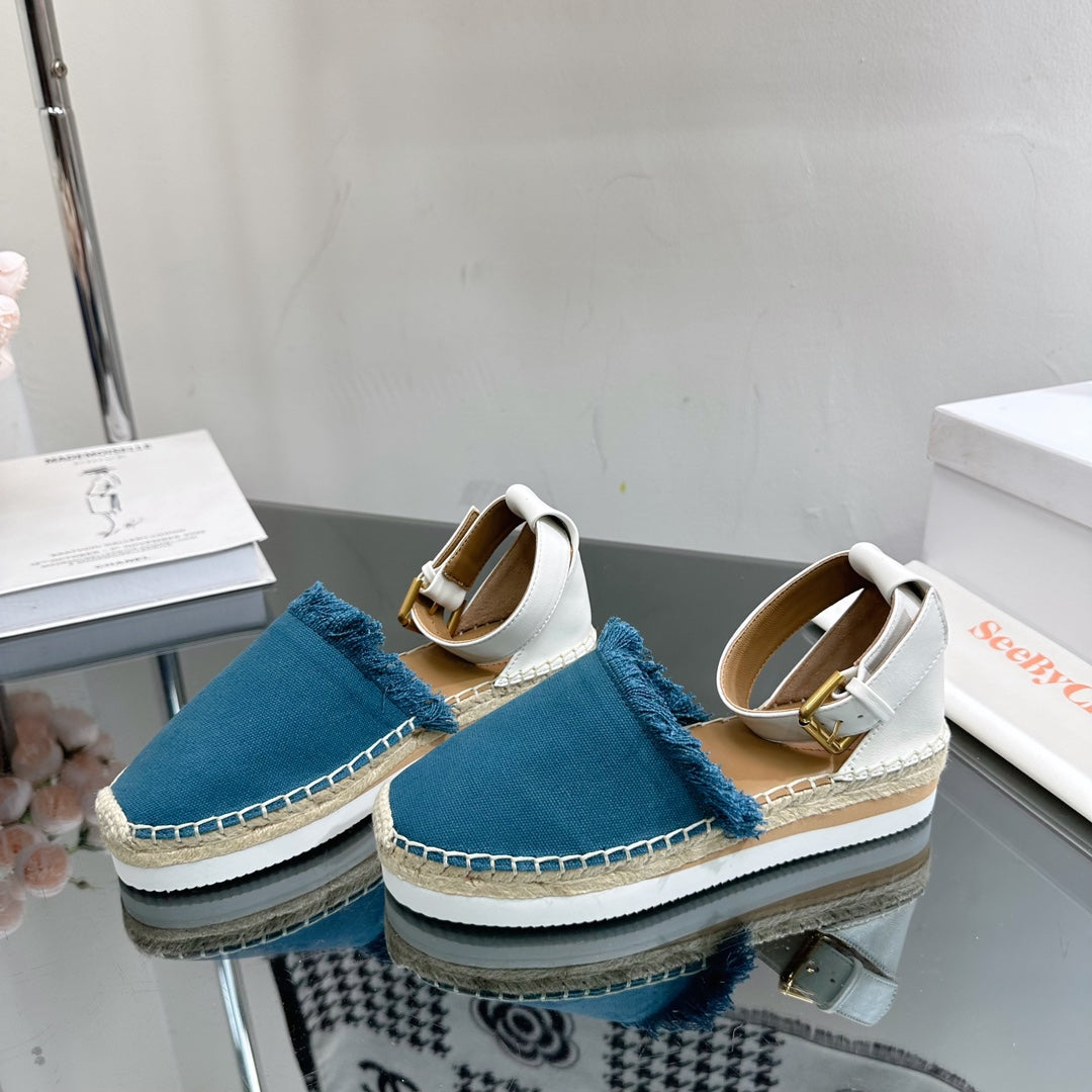 SEE BY CHLOÃ‰ ESPADRILLES SANDAL IN CERULEAN BLUE FABRIC AND WHITE CALFSKIN