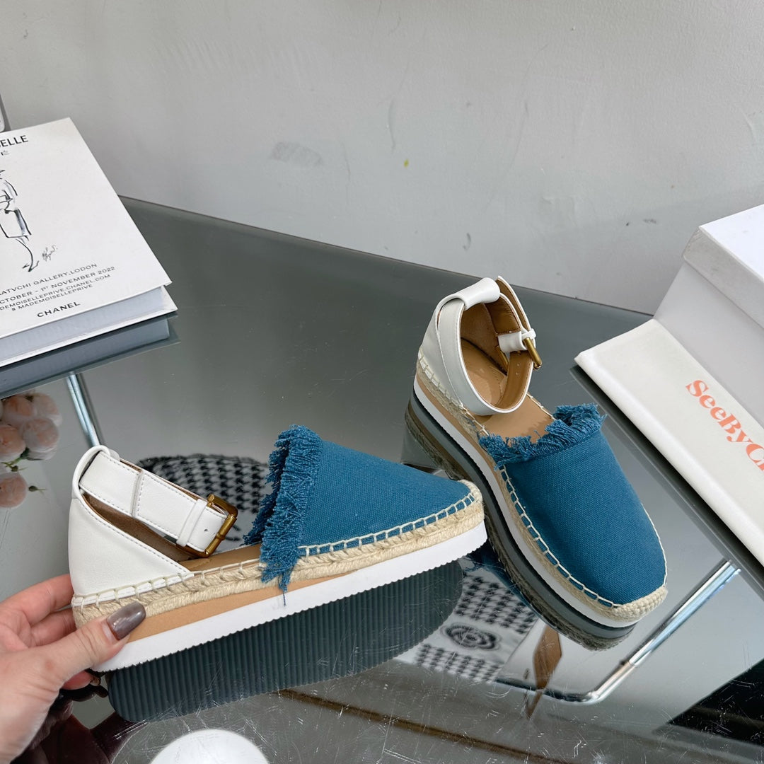 SEE BY CHLOÃ‰ ESPADRILLES SANDAL IN CERULEAN BLUE FABRIC AND WHITE CALFSKIN