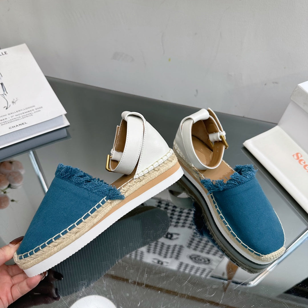 SEE BY CHLOÃ‰ ESPADRILLES SANDAL IN CERULEAN BLUE FABRIC AND WHITE CALFSKIN