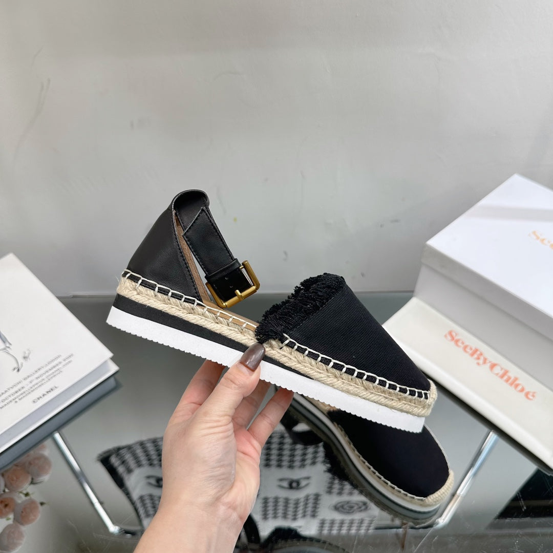 SEE BY CHLOÃ‰ ESPADRILLES SANDAL IN BLACK FABRIC AND CALFSKIN