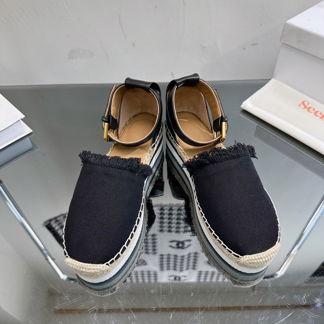 SEE BY CHLOÃ‰ ESPADRILLES SANDAL IN BLACK FABRIC AND CALFSKIN