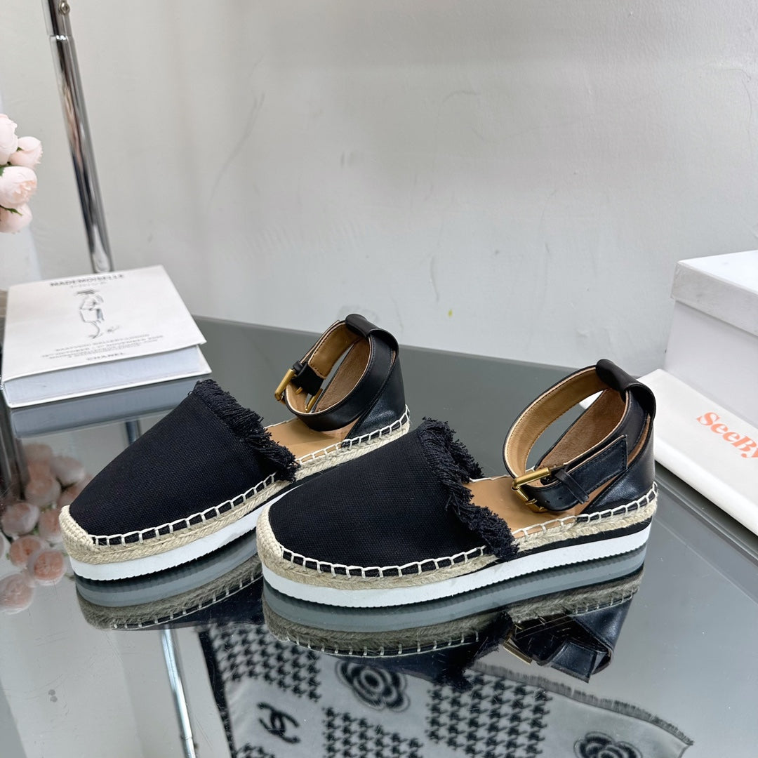 SEE BY CHLOÃ‰ ESPADRILLES SANDAL IN BLACK FABRIC AND CALFSKIN