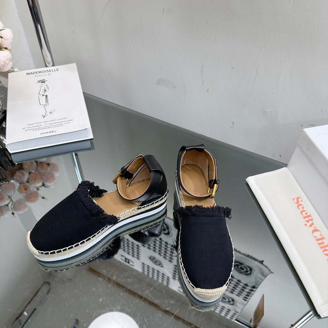 SEE BY CHLOÃ‰ ESPADRILLES SANDAL IN BLACK FABRIC AND CALFSKIN