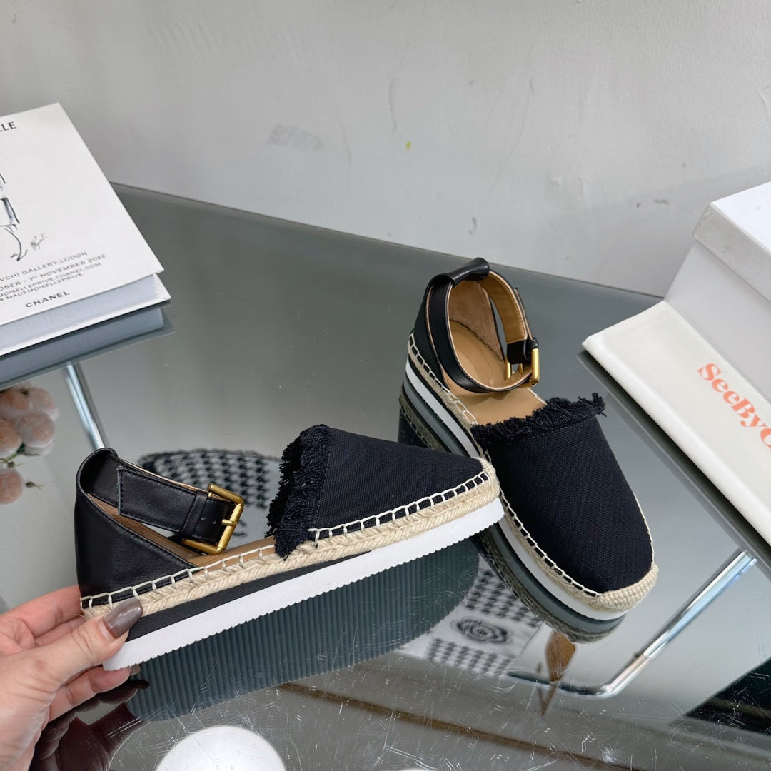 SEE BY CHLOÃ‰ ESPADRILLES SANDAL IN BLACK FABRIC AND CALFSKIN
