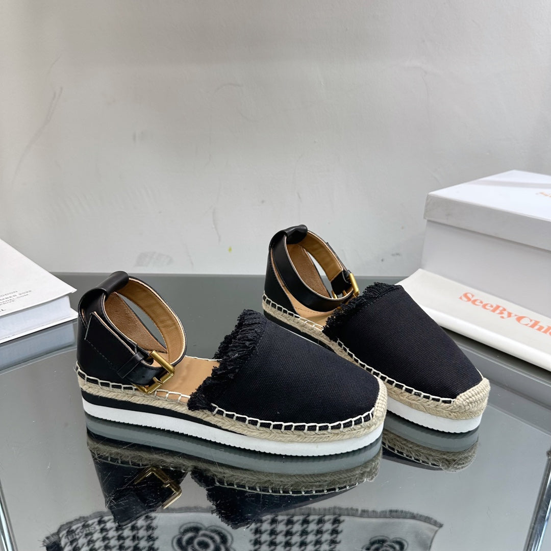 SEE BY CHLOÃ‰ ESPADRILLES SANDAL IN BLACK FABRIC AND CALFSKIN