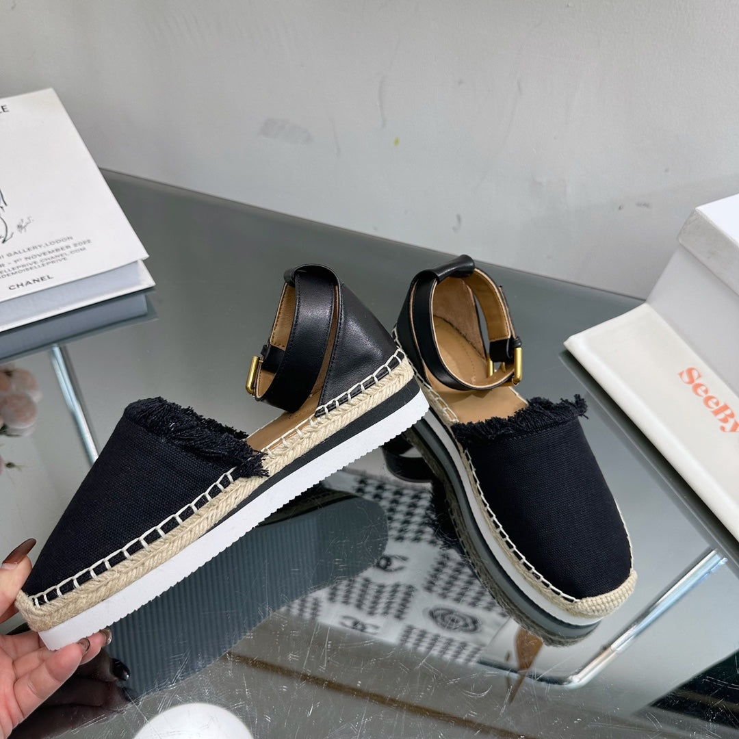 SEE BY CHLOÃ‰ ESPADRILLES SANDAL IN BLACK FABRIC AND CALFSKIN