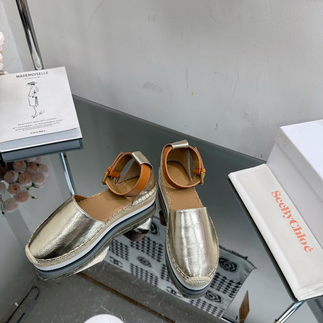 SEE BY CHLOÃ‰ ESPADRILLES SANDAL IN LIGHT GOLD CALFSKIN AND WOVEN RAFFIA
