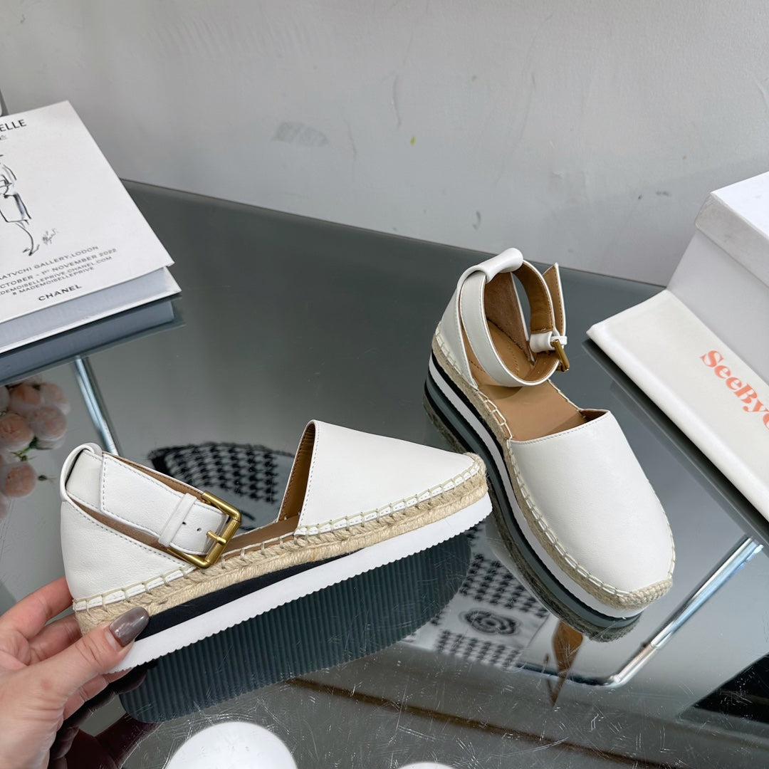 SEE BY CHLOÃ‰ ESPADRILLES SANDAL IN WHITE CALFSKIN AND WOVEN RAFFIA