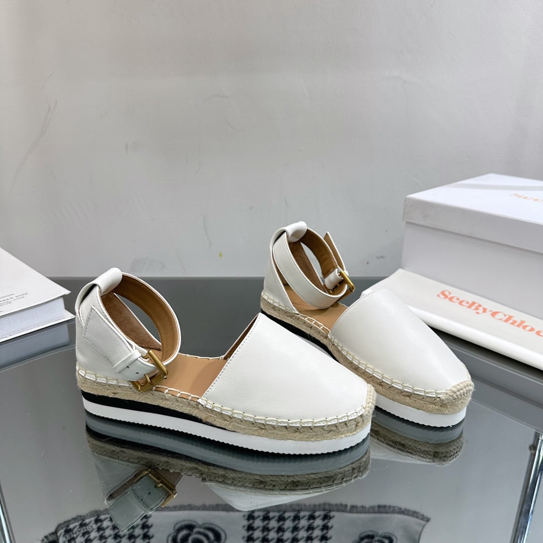 SEE BY CHLOÃ‰ ESPADRILLES SANDAL IN WHITE CALFSKIN AND WOVEN RAFFIA