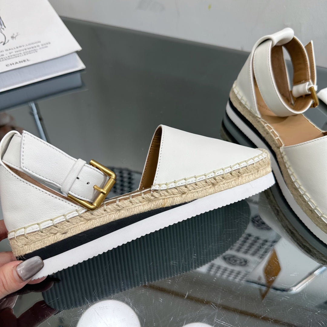 SEE BY CHLOÃ‰ ESPADRILLES SANDAL IN WHITE CALFSKIN AND WOVEN RAFFIA