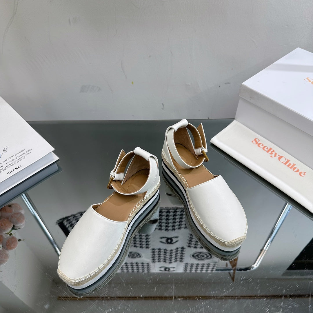 SEE BY CHLOÃ‰ ESPADRILLES SANDAL IN WHITE CALFSKIN AND WOVEN RAFFIA