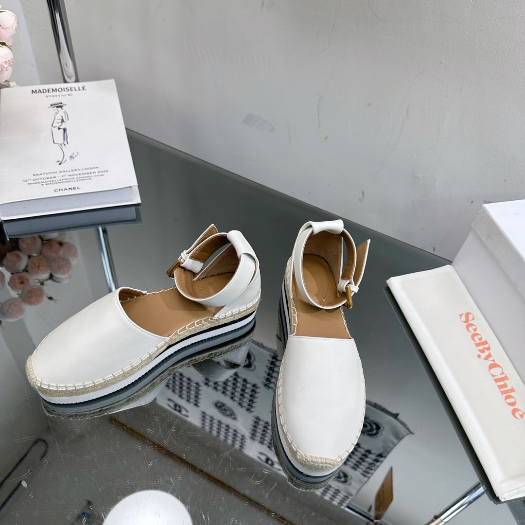 SEE BY CHLOÃ‰ ESPADRILLES SANDAL IN WHITE CALFSKIN AND WOVEN RAFFIA