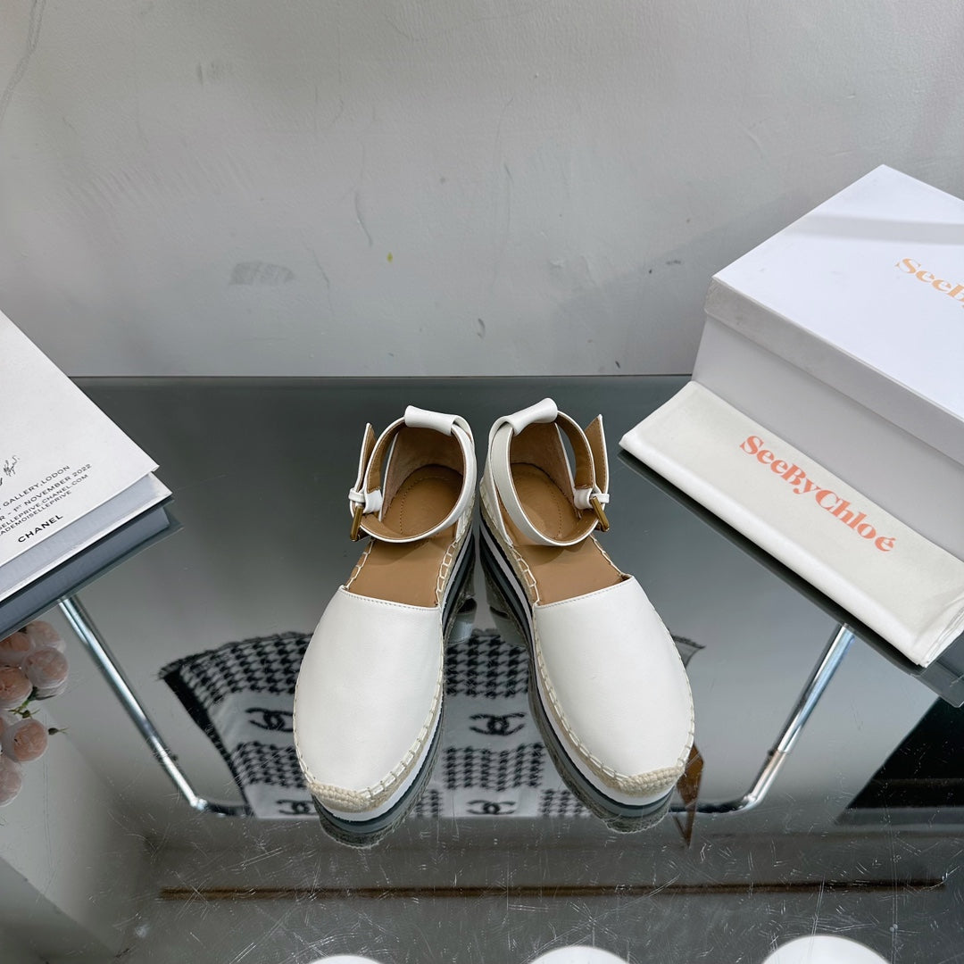 SEE BY CHLOÃ‰ ESPADRILLES SANDAL IN WHITE CALFSKIN AND WOVEN RAFFIA