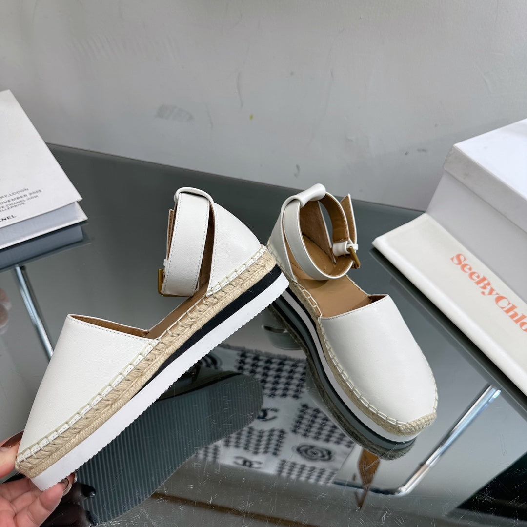 SEE BY CHLOÃ‰ ESPADRILLES SANDAL IN WHITE CALFSKIN AND WOVEN RAFFIA